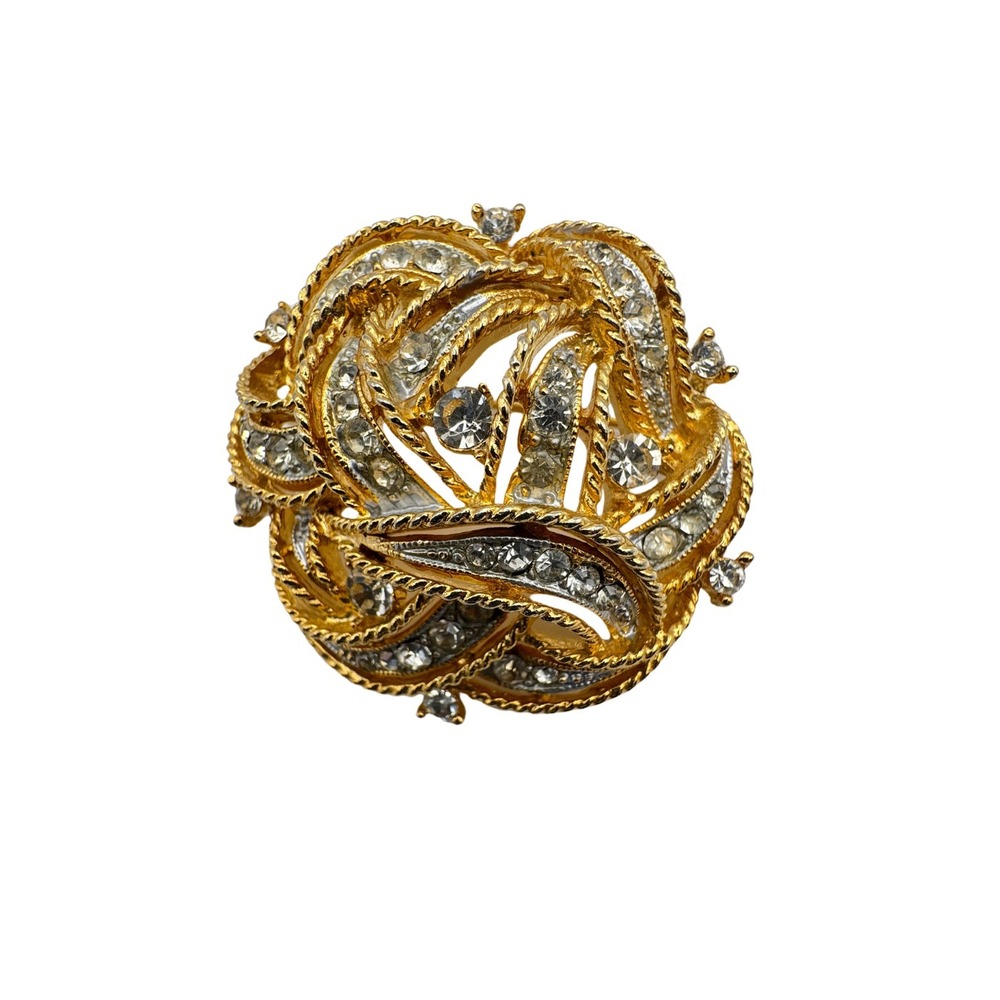 Vintage Lisner Brooch Rhinestone Swirl Gold Tone Round Pin